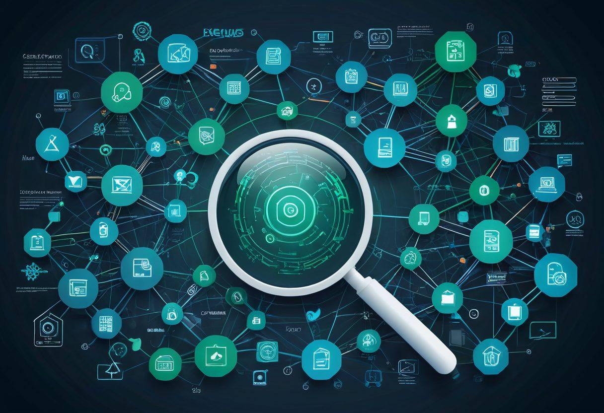 An intricate, dynamic web of interconnected nodes and lines, representing a digital network, with vibrant hues of blue and green. At the center, a magnifying glass focuses on a section of the web, highlighting the intricacies of web indexing. Surrounding elements include tiny icons of websites, documents, and search bars. Energetic, inspiring, and tech-oriented. super-realistic. vibrant colors.